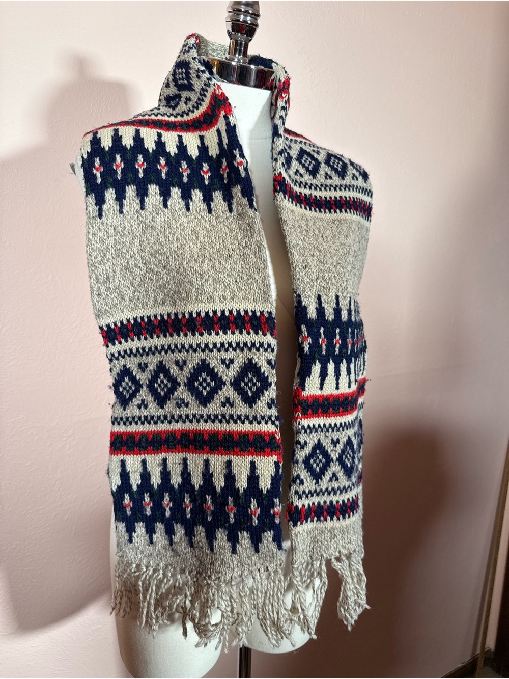 Vintage Eastern Mountain Sports Fair Isle Oatmeal thick Wool Scarf made USA